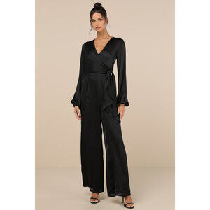 Lulus Iconic Influence Black Long Sleeve Faux-wrap Wide-leg Jumpsuit - Size XS